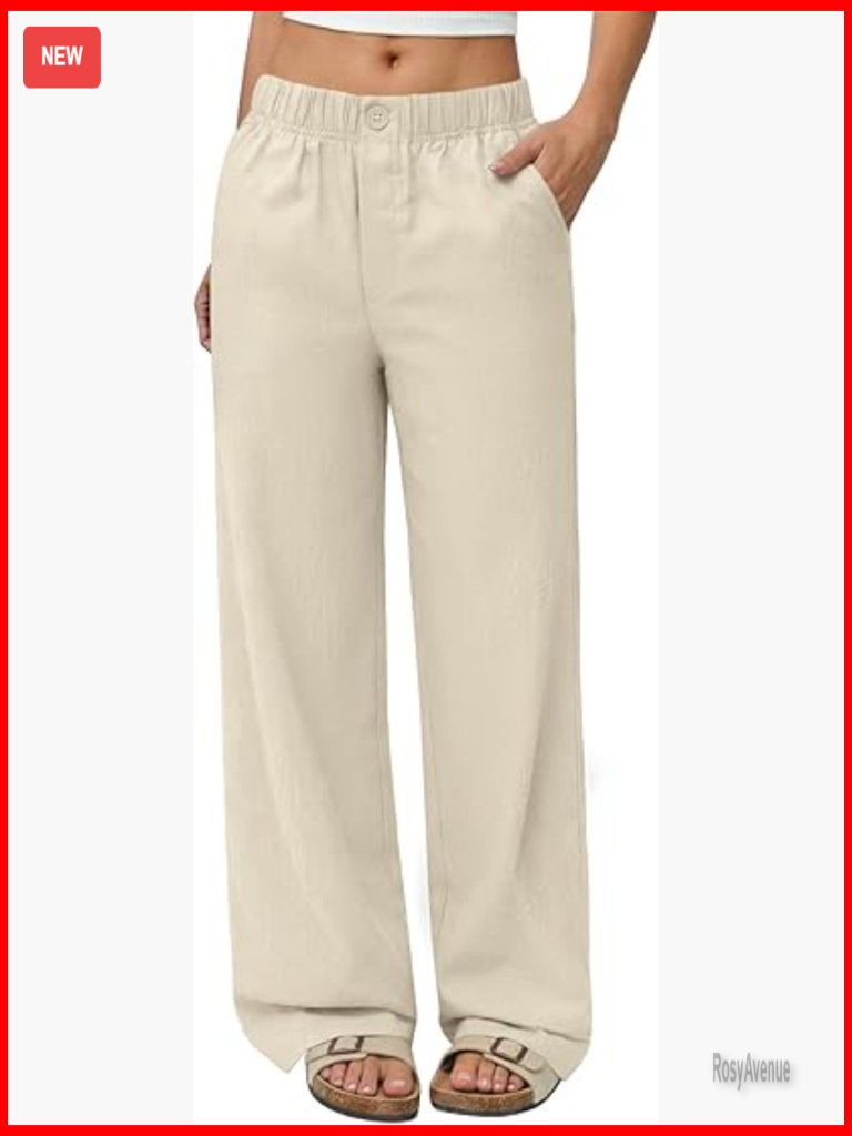 Wide Leg Linen Palazzo Pants With Pockets Elastic Waist